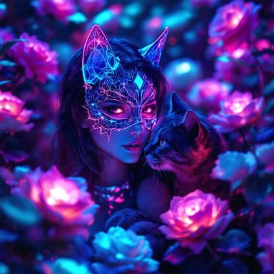 The primary subject of the image is a woman wearing a mask and a cat. They are both surrounded by a purple flower field, which creates a vibrant and colorful atmosphere. The visual style of the image is a combination of photo and digital art, as it appears to be a photo with a digital art background. The dominant colors in the image are purple and pink, which contribute to the overall mood of the scene.